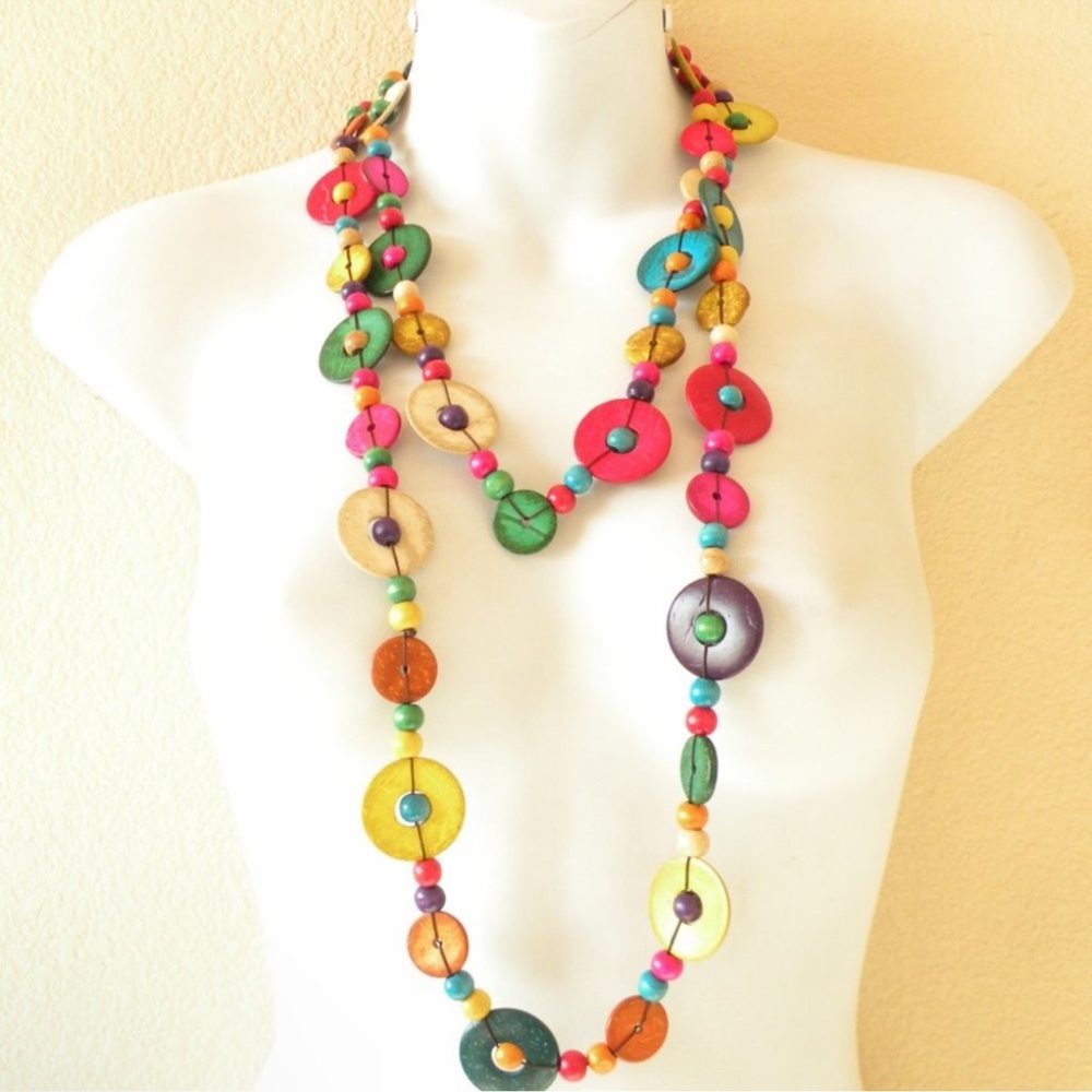 🌺Handmade Lei Wood Beads Necklace with Silk 🌺